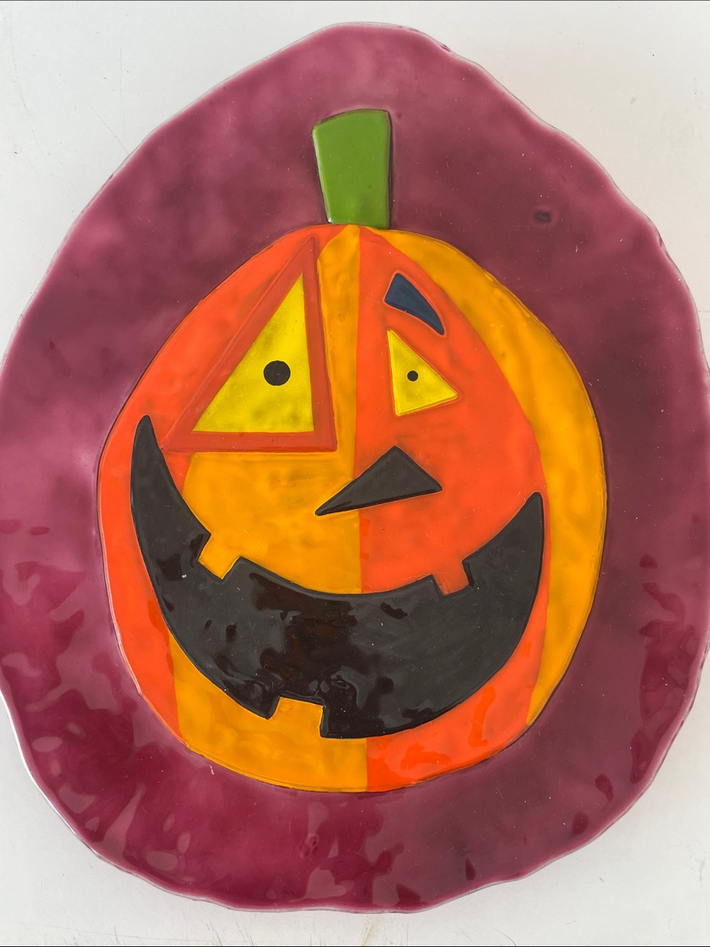 Hand-Painted Halloween Pumpkin Plate - Orange & Black with Purple Border